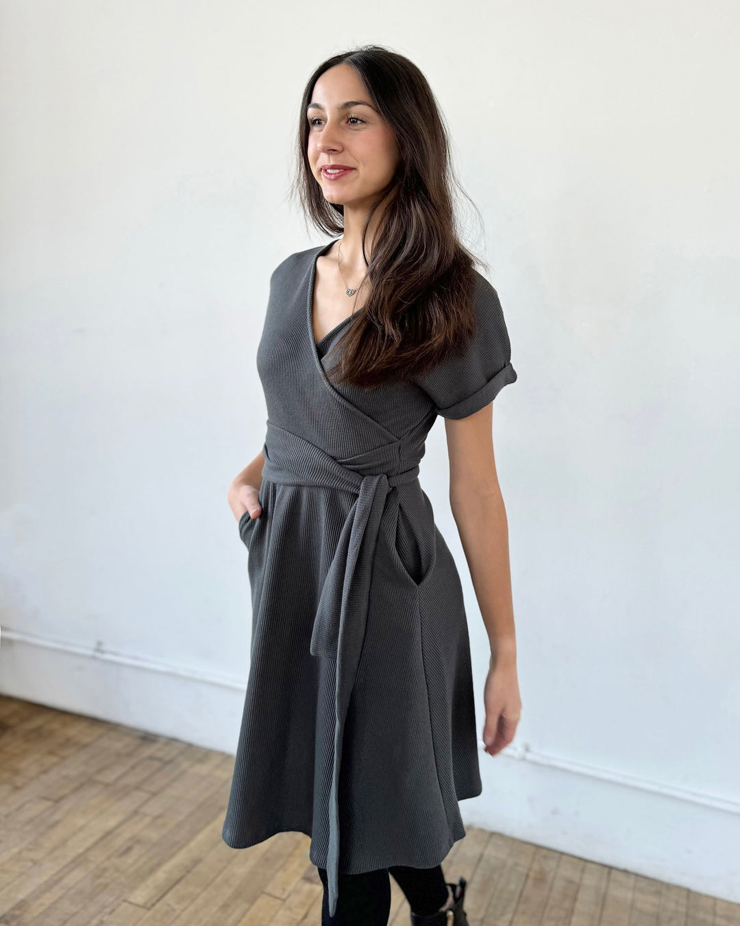 ALOE waffle knit dress in Charcoal Blue Elegantees ALOE waffle knit dress in Charcoal Blue Elegantees