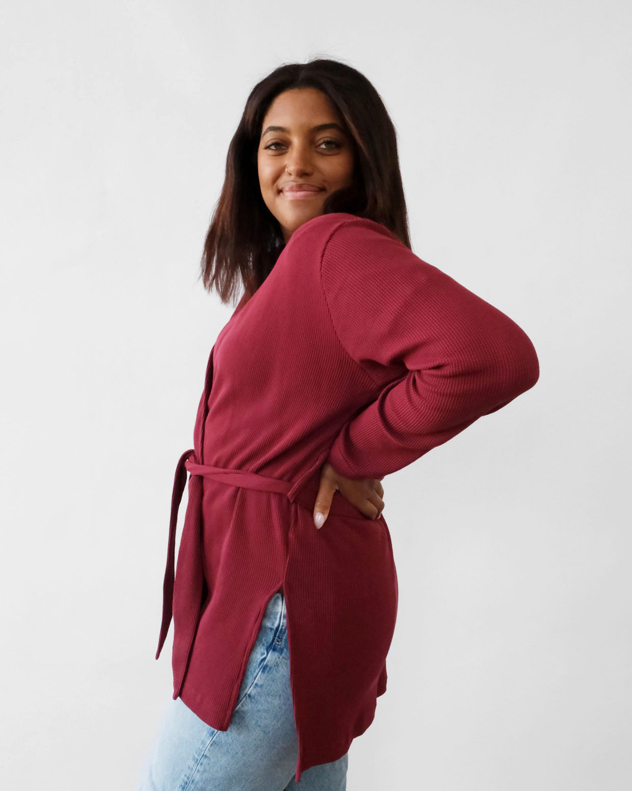 RORY waffle knit cardigan in Cranberry