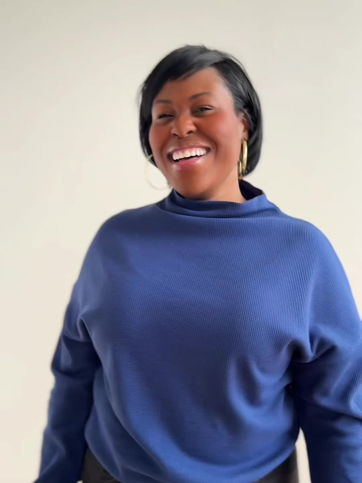 ANNIKA waffle knit top in Blue Depths