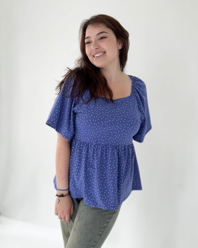 HIBISCUS polka dot top in Iris Bloom/White