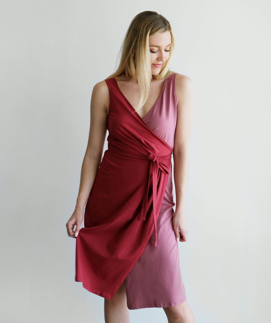 pink and red colorblock dress Off the Shoulder Color Block Gown in Red/Pink