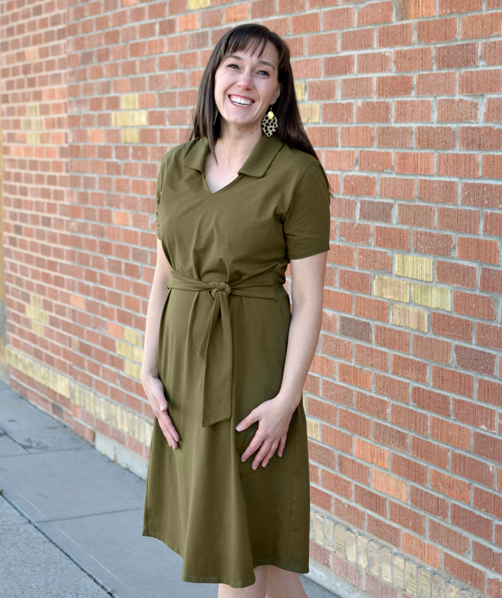 ANGELOU tie front dress in Military Olive