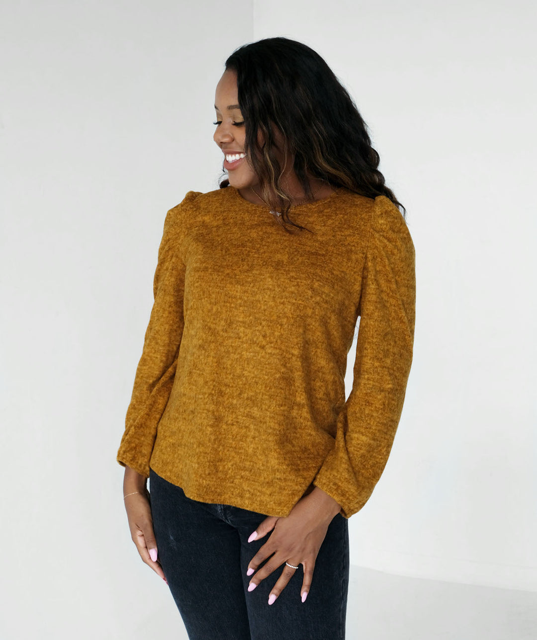 BINITA brushed sweater top in Mustard