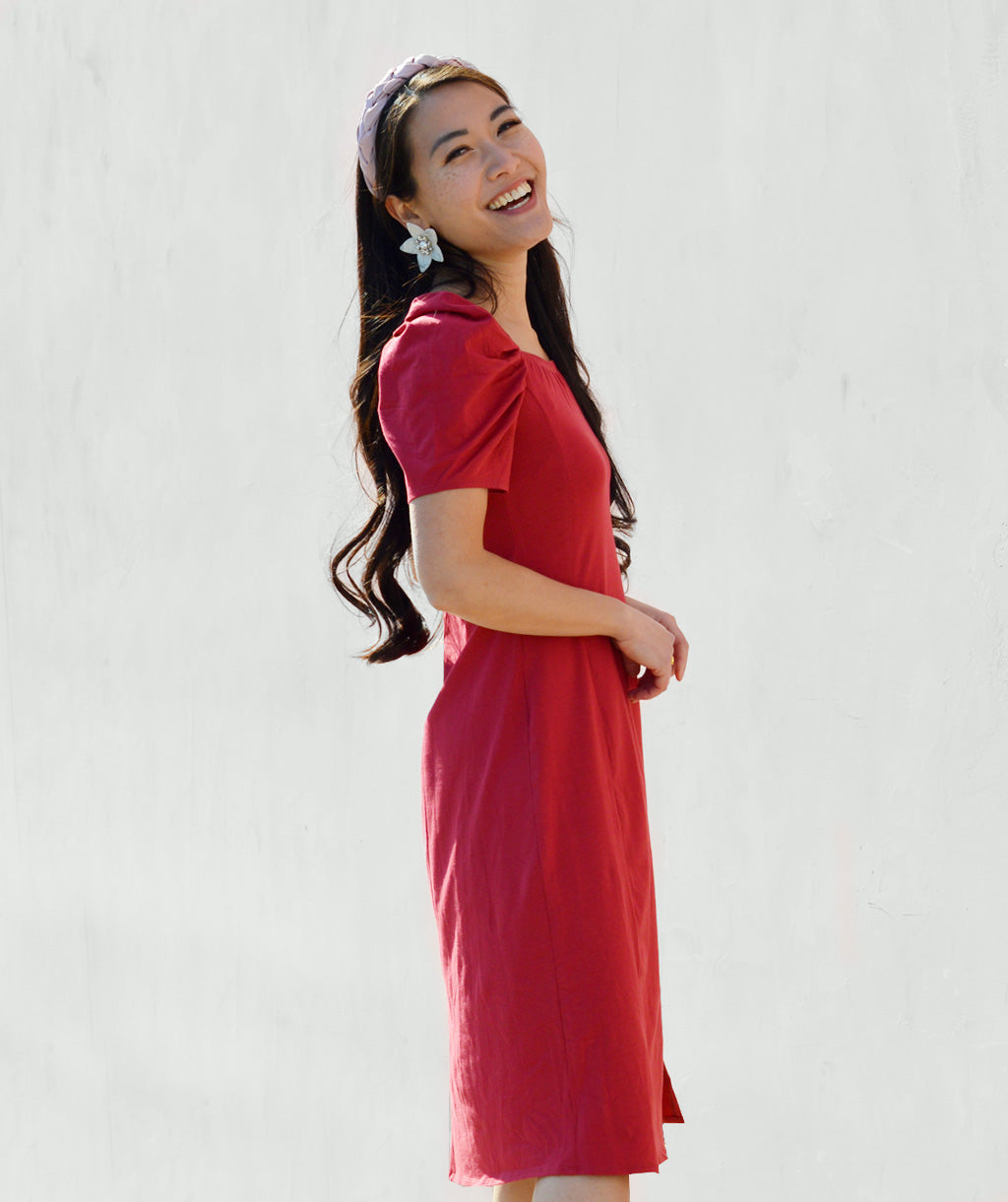 DOROTHY puff sleeve dress in Auburn Red