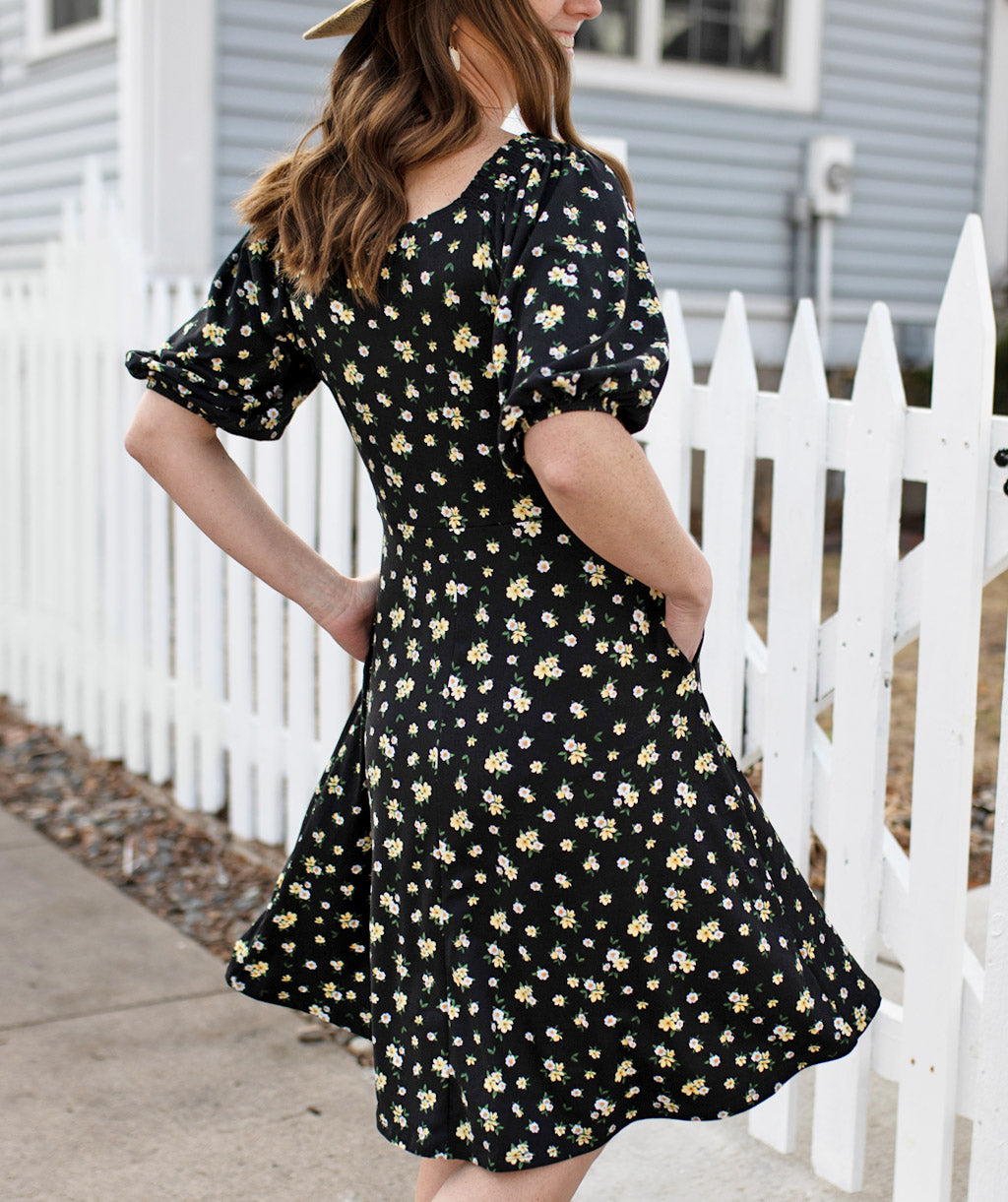 GISEL smocked fit-and-flare dress in Black Floral