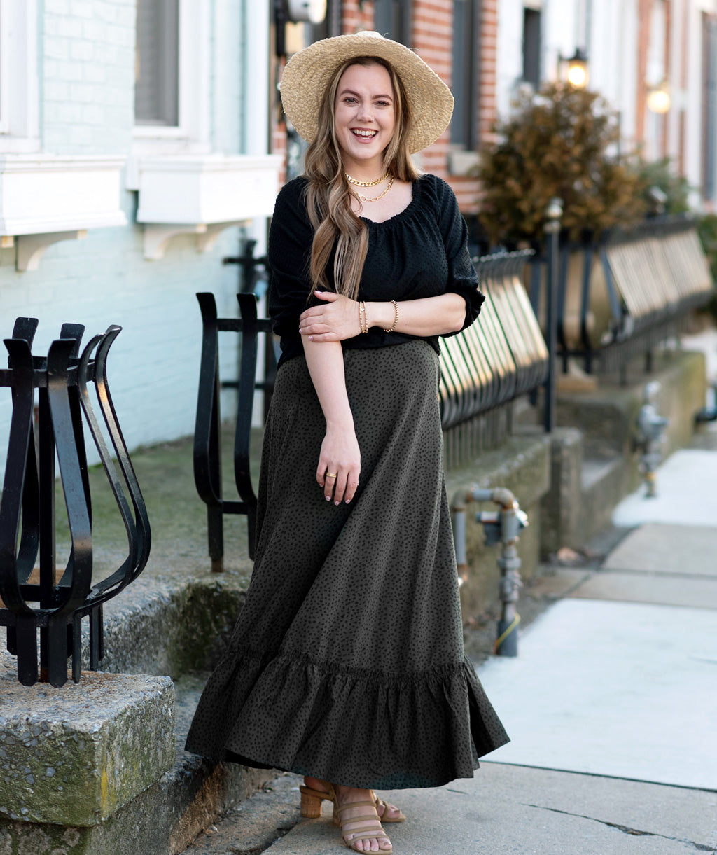 KACEY A-line printed skirt in Dark Olive