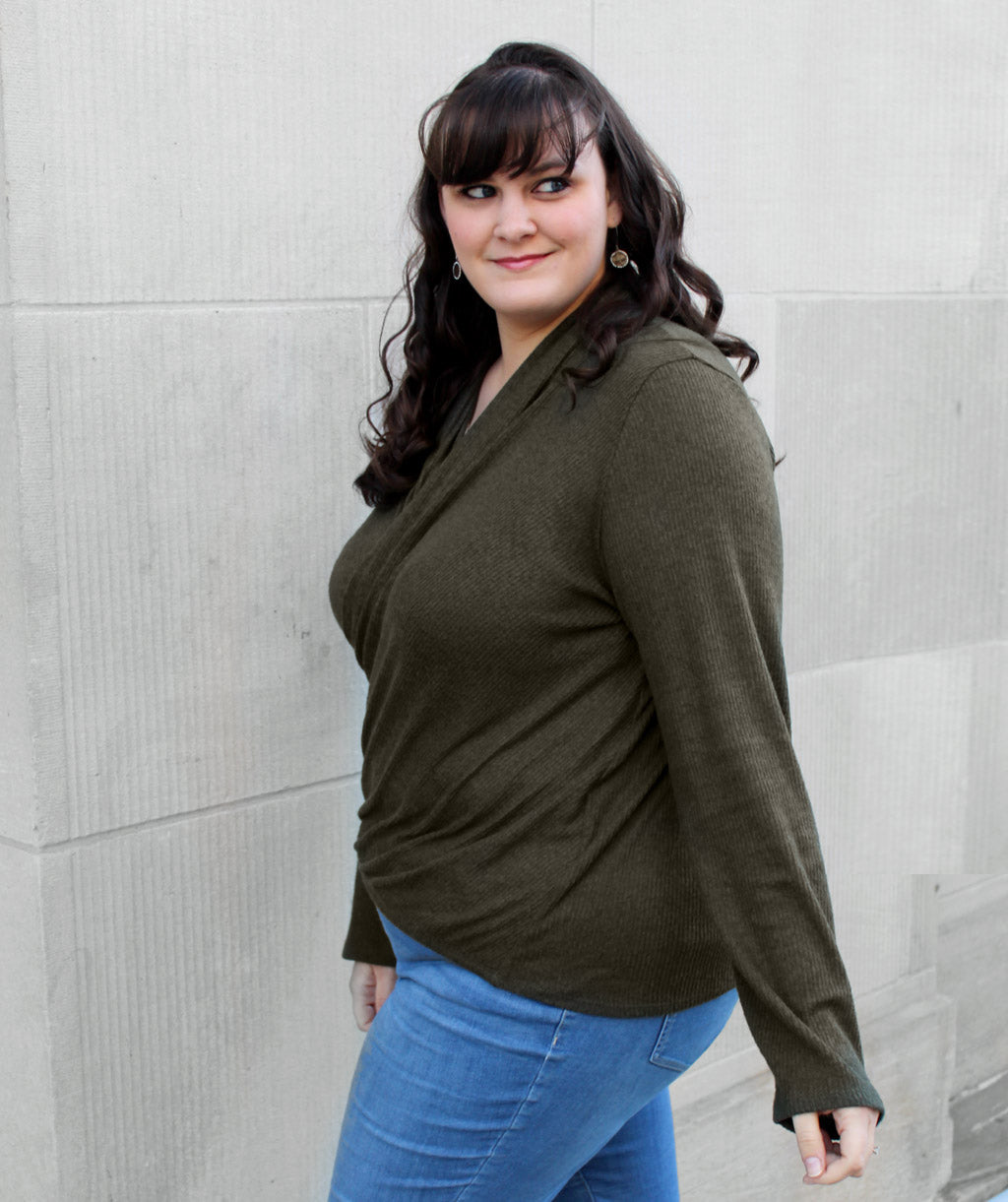 LOIDA brushed draped top in Dark Olive