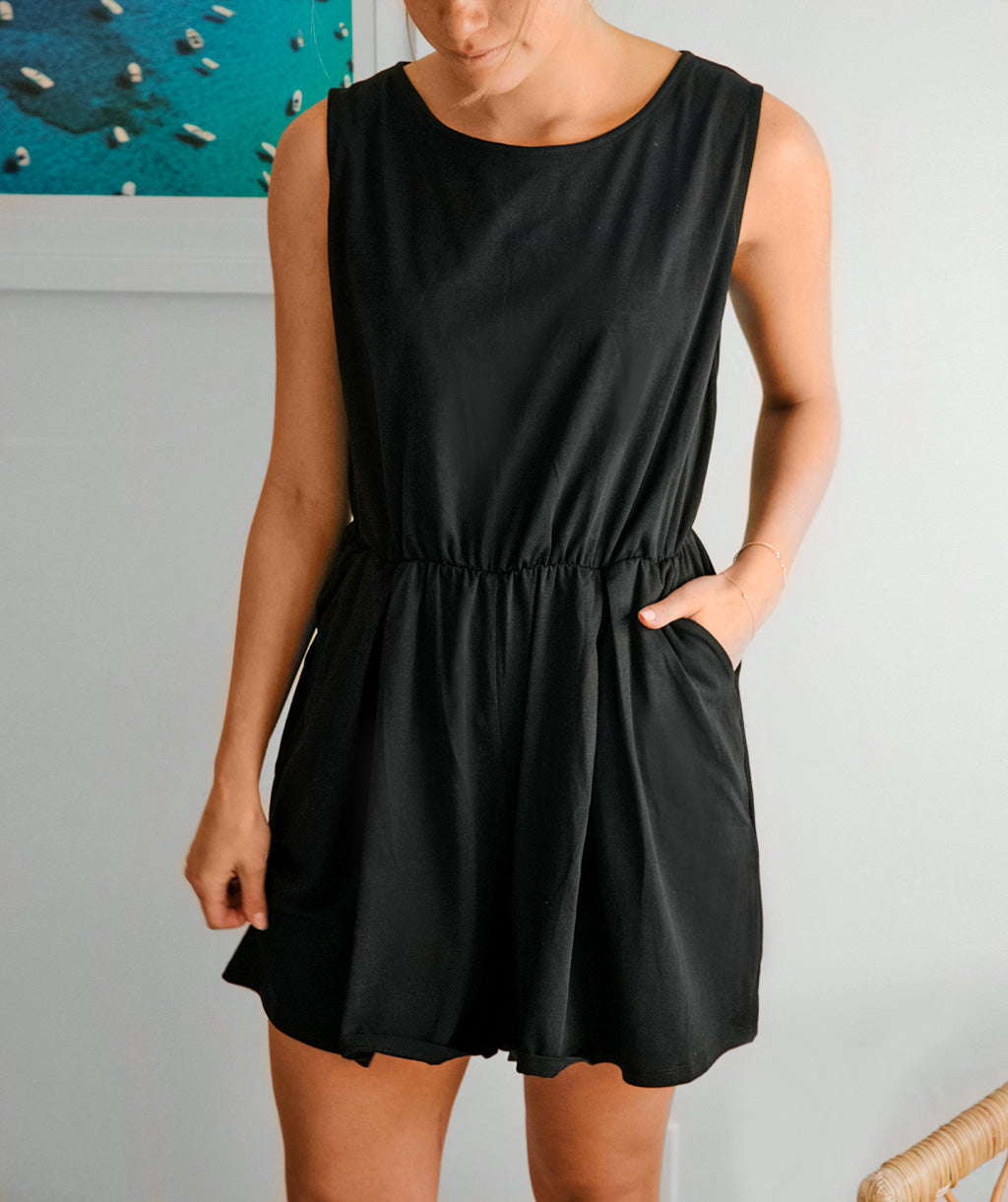flowy romper dress Sun Spirit Plunge Flowy Playsuit Black