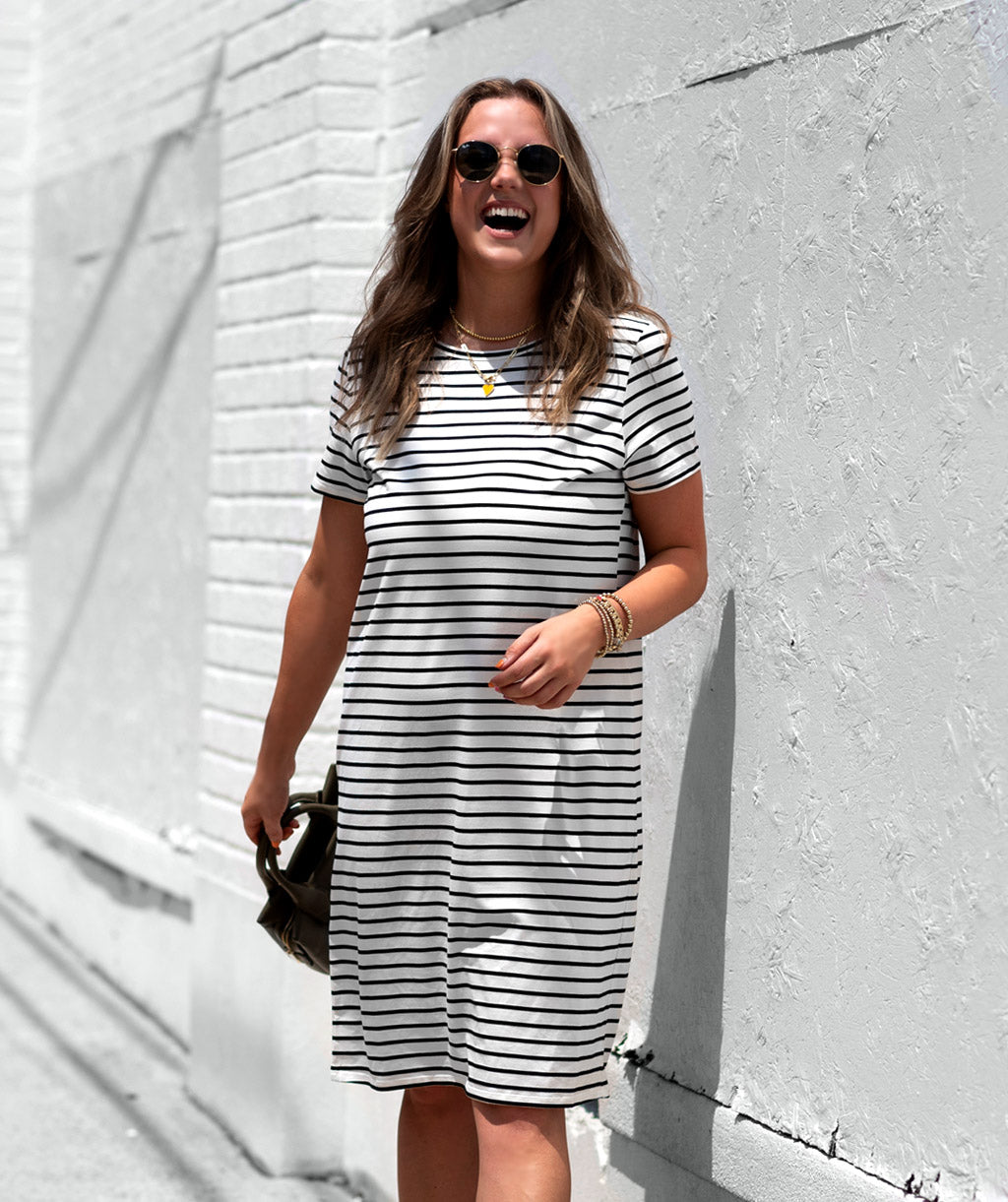 NINA stripe t-shirt dress in White/Black Elegantees NINA stripe t-shirt dress in White/Black Elegantees