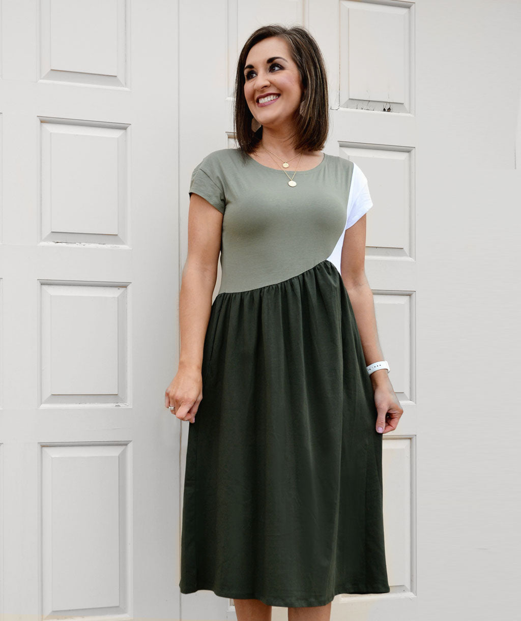 NOVA colorblocked dress in Olive/White