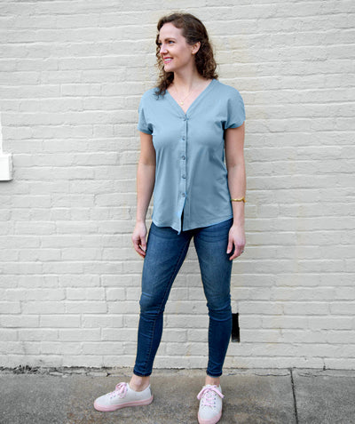 SALMA tie-front button top in Smoke Blue