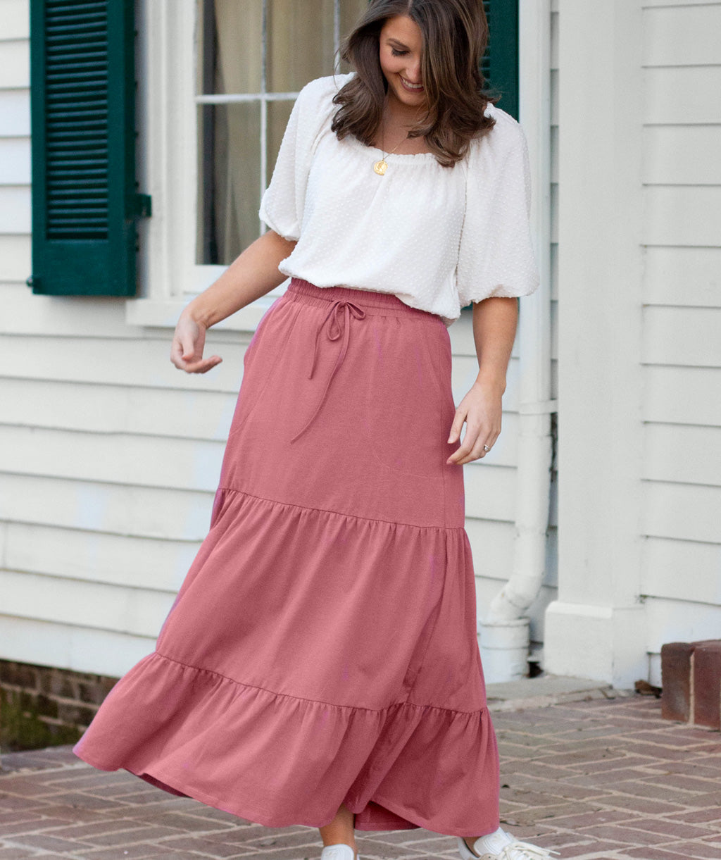 SOFIA tiered midi skirt in Sunset Pink