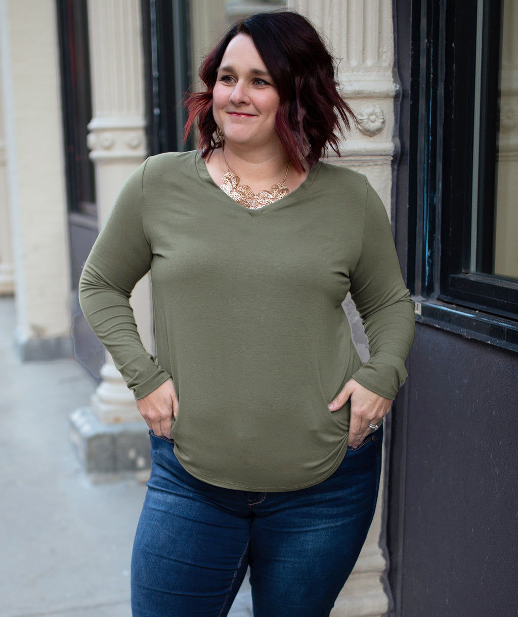 V-NECK long sleeve tee in Olive