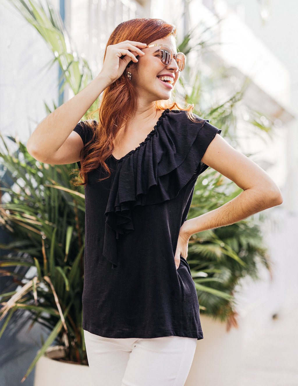 KELSEY double ruffle tee in Black