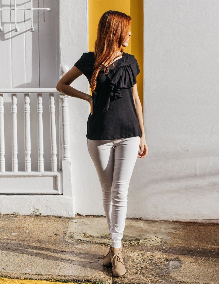 KELSEY double ruffle tee in Black
